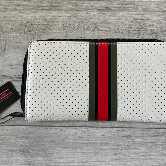 HAUTE SHORE White Perforated Wallet with Red and Green Stripes. Took tags off - Picture 2 of 4
